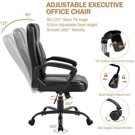Yaheetech Chaise de Bureau Erconomique Fauteuil de Bureau en Similicuir Hauteur Réglable Dossier Inclinable Siège Rembourré Noir