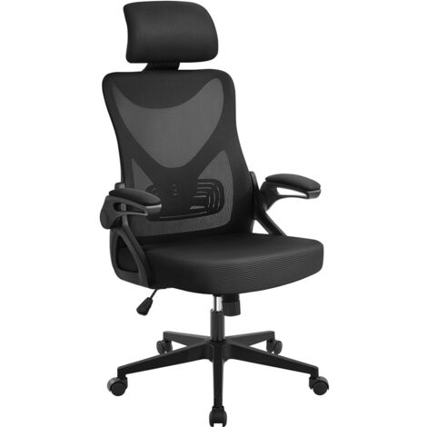 Yaheetech – Chaise de bureau en maille avec appui-tête réglable – Haut dossier ergonomique – Accoudoirs rembourrés – Charge max 136 kg – Noir (1/5)