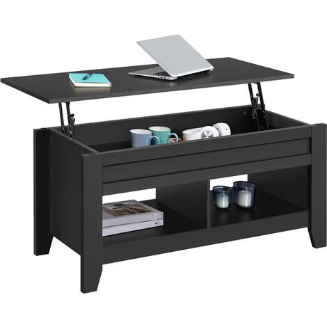 Yaheetech – Table basse relevable en MDF noir – Dimensions 104 x 49 x (49-61) cm – Compartiments de rangement cachés – Design moderne pour salon