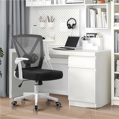 Yaheetech Fauteuil de Bureau avec Accoudoirs Pliables Chaise de Bureau Hauteur Réglable à roulettes Pivotantes Siège Plus Large 59cm × 57.5cm × (90-100) cm Blanc