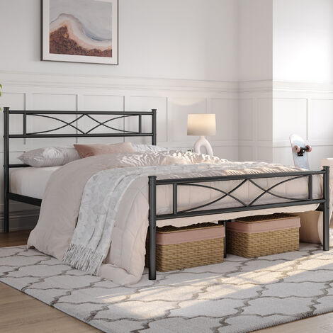 Yaheetech – Lit adulte en métal 140 x 200 cm – Cadre robuste avec lattes – Capacité 340 kg – Garde au sol 32 cm – Noir pour petits espaces - LIT 140 X (1/5)