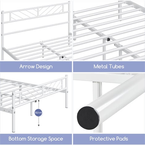 Yaheetech Cadre de  90x200 cm Lit en Métal pour Adultes Grande Espace en Lattes Moderne Blanc