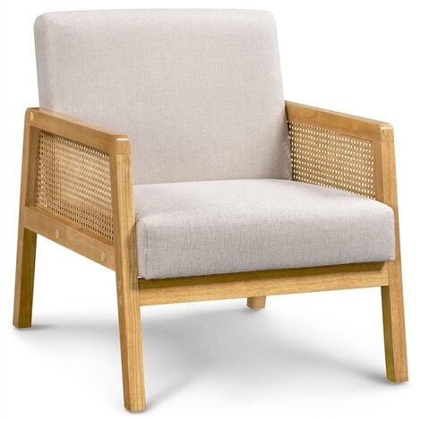 Yaheetech Fauteuil de Salon en Bois et en Tissu Chaise de Rotin Relax avec Coussins Rembourrés pour Salon Chambre Vérandas Beige