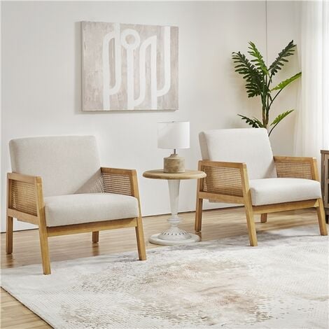 Yaheetech Fauteuil de Salon en Bois et en Tissu Chaise de Rotin Relax avec Coussins Rembourrés pour Salon Chambre Vérandas Beige