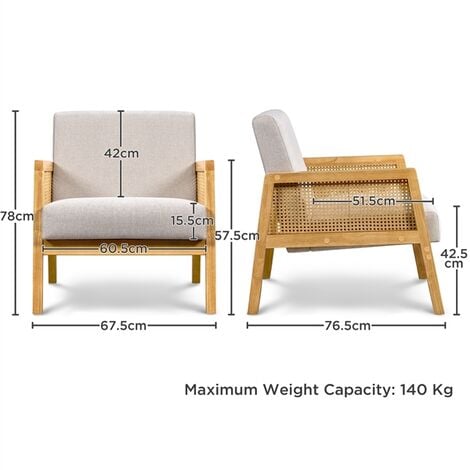 Yaheetech Fauteuil de Salon en Bois et en Tissu Chaise de Rotin Relax avec Coussins Rembourrés pour Salon Chambre Vérandas Beige