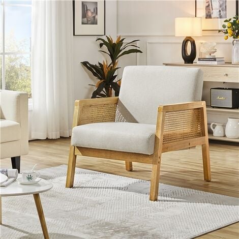 Yaheetech Fauteuil de Salon en Bois et en Tissu Chaise de Rotin Relax avec Coussins Rembourrés pour Salon Chambre Vérandas Beige