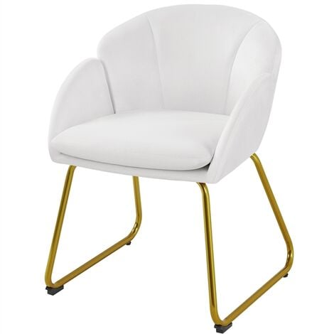 Yaheetech Fauteuil de Salon en Velours Polyester en Forme de Fleur, Chaise de Salle à Manger avec Pieds en Métal Doré, Fauteuil d'appoint pour Salon Chambre Cuisine Bureau Blanc