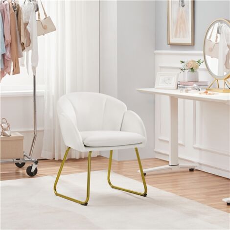 Yaheetech Fauteuil de Salon en Velours Polyester en Forme de Fleur, Chaise de Salle à Manger avec Pieds en Métal Doré, Fauteuil d'appoint pour Salon Chambre Cuisine Bureau Blanc
