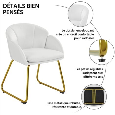 Yaheetech Fauteuil de Salon en Velours Polyester en Forme de Fleur, Chaise de Salle à Manger avec Pieds en Métal Doré, Fauteuil d'appoint pour Salon Chambre Cuisine Bureau Blanc