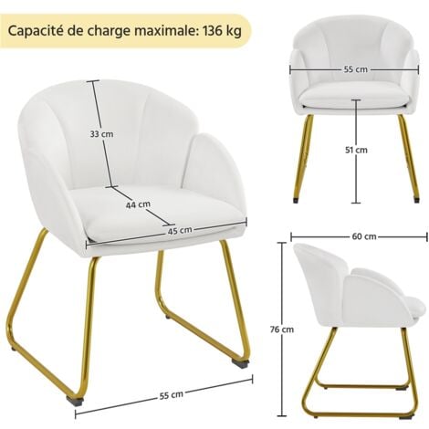 Yaheetech Fauteuil de Salon en Velours Polyester en Forme de Fleur, Chaise de Salle à Manger avec Pieds en Métal Doré, Fauteuil d'appoint pour Salon Chambre Cuisine Bureau Blanc
