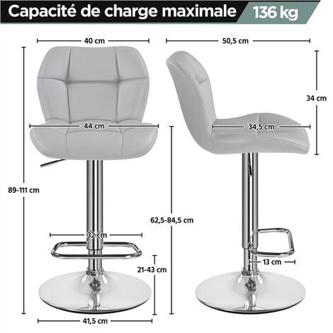 Yaheetech Lot de 2 Tabourets de Bar Réglables en Hauteur Modernes,Chaises de Bar en Similicuir et Métal,Tabouret Haut Capacité de Charge Maximale 136 kg,44 × 50,5 × 89 cm Gris Clair