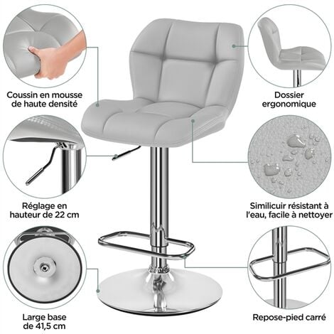 Yaheetech Lot de 2 Tabourets de Bar Réglables en Hauteur Modernes,Chaises de Bar en Similicuir et Métal,Tabouret Haut Capacité de Charge Maximale 136 kg,44 × 50,5 × 89 cm Gris Clair