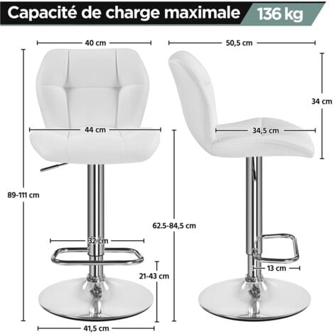 Yaheetech Lot de 2 Tabourets de Bar Réglables en Hauteur Modernes,Chaises de Bar en Similicuir et Métal,Tabouret Haut Capacité de Charge Maximale 136 kg,44 × 50,5 × 89 cm Blanc