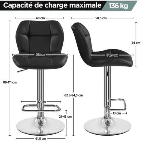 Yaheetech Lot de 2 Tabourets de Bar Réglables en Hauteur Modernes,Chaises de Bar en Similicuir et Métal,Tabouret Haut Capacité de Charge Maximale 136 kg,44 × 50,5 × 89 cm Noir