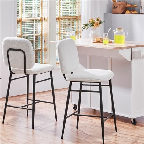 Yaheetech Lot de 2 Tabourets de Bar Rembourrés Siège en Tissu Bouclette Chaises de Bar Dossier Repose-Pied Tabourets Hauts de Cuisine à Quatre Pieds Métalliques pour Comptoir Salle à Manger Blanc
