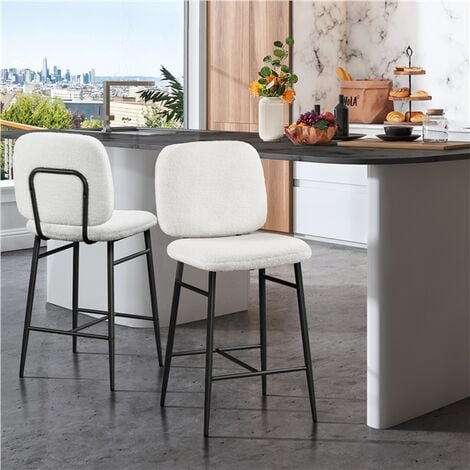 Yaheetech Lot de 2 Tabourets de Bar Rembourrés Siège en Tissu Bouclette Chaises de Bar Dossier Repose-Pied Tabourets Hauts de Cuisine à Quatre Pieds Métalliques pour Comptoir Salle à Manger Blanc