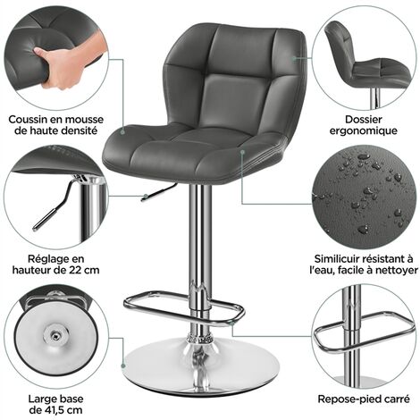 Yaheetech Lot de 2 Tabourets de Bar Réglables en Hauteur Modernes,Chaises de Bar en Similicuir et Métal,Tabouret Haut Capacité de Charge Maximale 136 kg,44 × 50,5 × 89 cm 2/Gris