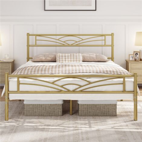 Yaheetech – Lit double en métal 140x200cm – Cadre robuste avec rangement sous le lit – Or antique pour petits espaces – Assemblage simple