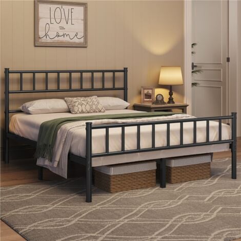Yaheetech Cadre de lit Noir Lit Double en Métal pour Adultes Grande Espace en Lattes 160x200 cm