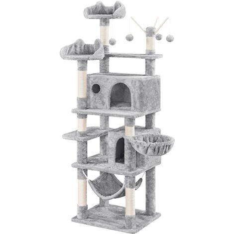 Yaheetech – Arbre à chat multiniveau 170cm avec 2 niches spacieuses – Poteaux en sisal – Hamac et jouets amovibles – Gris clair