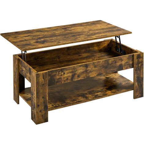 Yaheetech – Table basse relevable 120 x 59 cm – Compartiment caché et étagère de rangement – MDF et métal brun rustique – Hauteur réglable 49,5 à 63,5 cm (1/5)