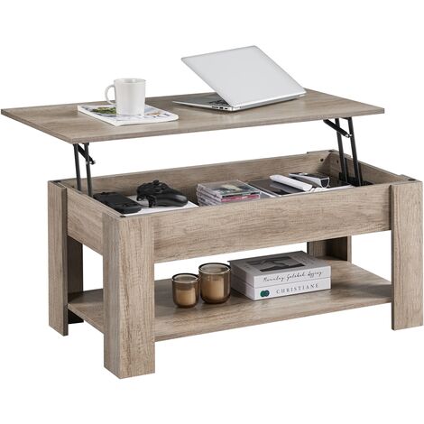 Yaheetech – Table basse relevable 98 x 50 x 42 cm – MDF épais et métal – Compartiment caché et étagère de rangement – Surface de travail confortable