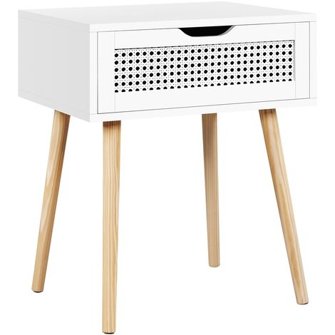 Yaheetech Table de Chevet Adulte, Table de Nuit Scandinave Bout de Canapé avec Tiroir en Rotin, Chevet de Lit pour Salon Chambre 48,5 x 41 x 58 cm Blanc