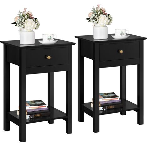 Yaheetech – Tables de chevet en bois massif noir – 2 unités – 1 tiroir et étagère de rangement – Dimensions 40x30x61 cm pour chambre et salon