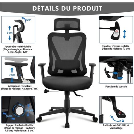 Yaheetech Chaise de Bureau avec Siège Dossier en Maille Respirante Hauteur  Réglable Fauteuil d'Ordinateur Inclinable à roulettes Pivotantes Charge  125kg Noir : : Cuisine et Maison