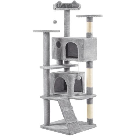 Yaheetech Arbre à Chat avec 2 Niches 3 Plateformes 2 Boules Sisal Arbre à Grimper Multi-Niveaux Hauteur 178cm Idéal pour 3-4 Chats Gris Clair