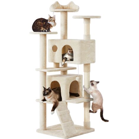 Yaheetech Arbre à Chat avec 2 Niches 3 Plateformes 2 Boules Sisal Arbre à Grimper Multi-Niveaux Hauteur 178cm Idéal pour 3-4 Chats Beige