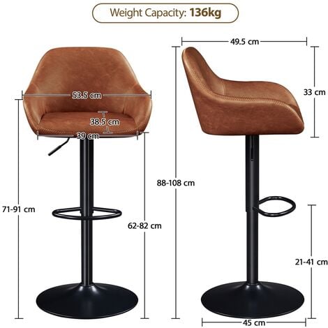 Yaheetech Tabourets de Bar Lot de 2 Pivotant Réglable en Hauteur Rotatif sur 360° Chaises de Bar avec Revêtement en Similicuir Tabourets Hauts avec Repose-Pieds Brun Rustique