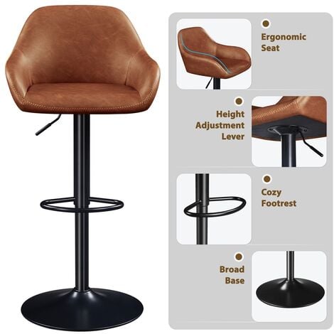 Yaheetech Tabourets de Bar Lot de 2 Pivotant Réglable en Hauteur Rotatif sur 360° Chaises de Bar avec Revêtement en Similicuir Tabourets Hauts avec Repose-Pieds Brun Rustique