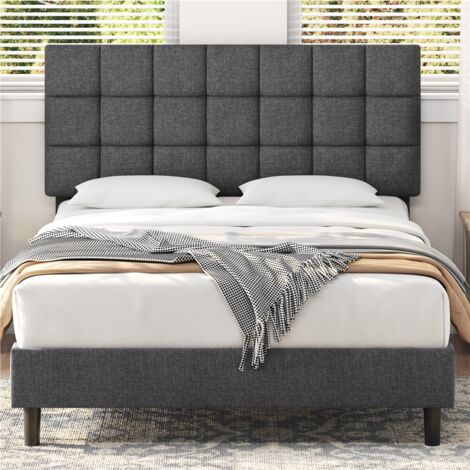 Yaheetech – Lit double rembourré 140x200cm – Tête de lit réglable – Cadre en bois et métal – Sommier à lattes – Capacité 360kg – Gris foncé