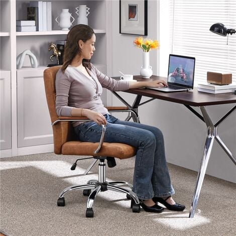 Yaheetech Fauteuil de Bureau Similicuir Chaise de Bureau Erconomique Hauteur Réglable Inclinable avec Dossier Rembourré Brun Rustique