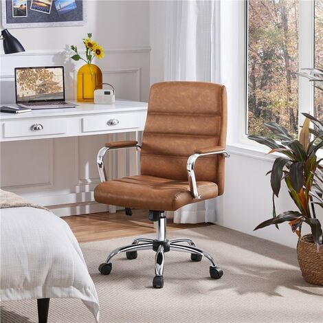 Yaheetech Fauteuil de Bureau Similicuir Chaise de Bureau Erconomique Hauteur Réglable Inclinable avec Dossier Rembourré Brun Rustique