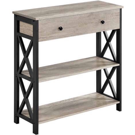 Yaheetech – Table console en bois gris 80x30x80 cm – 1 tiroir et 2 étagères de rangement – MDF et métal – Design X pour petits espaces