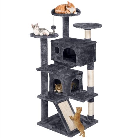 Yaheetech Arbre à Chat Grattoir Griffoir pour Chatons avec 3 Plateformes/2 Niches/Poteaux en Sisal 49,5 x 49,5 x 139 cm Gris Foncé