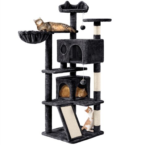 Yaheetech – Arbre à chat multiniveau 145 cm – 2 cachettes – Poteaux en sisal – Panier moelleux – Boules suspendues – Fixation murale incluse