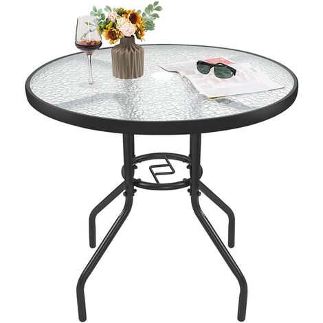 Yaheetech Table de Jardin Ronde en Verre Diamètre 80 cm, Facile d'entretien avec Trou pour Parasol et Plateau en Verre, Table Basse en métal pour Jardin/Balcon/terrasse Noir