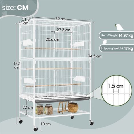Yaheetech Grande Cage Oiseau sur Pied Volière Canaries Perroquet Grosses Perruches Cacatoès Ara Cage Oiseaux sur roulettes 2 Étages avec Support 79 x 52 x 132 cm Blanc