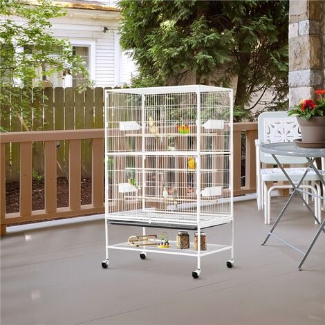 Yaheetech Grande Cage Oiseau sur Pied Volière Canaries Perroquet Grosses Perruches Cacatoès Ara Cage Oiseaux sur roulettes 2 Étages avec Support 79 x 52 x 132 cm Blanc
