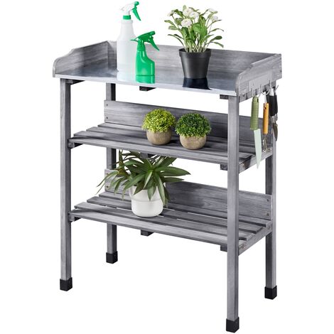 Yaheetech Table de Rempotage Extérieure en Bois Table pour Semis Bois Sapin avec Étagère de Rangement 3 Crochets Latérales Gris