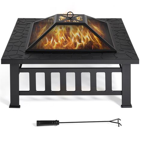 Yaheetech – Brasero extérieur carré 86x86x54cm – Métal noir pour poêles à bois – Pare-étincelles et tisonnier inclus – Pour terrasses et balcons