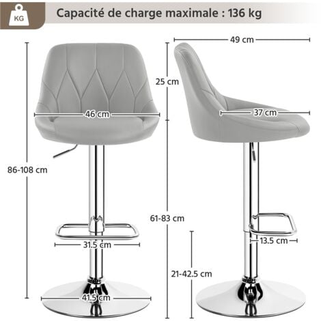 Yaheetech Lot de 2 Tabourets de Bar en Similicuir Hauteur Réglable de 86 cm à 107,5 cm Chaises de Bar Assise Pivotante Repose-pied Carré Tabourets Hauts Cadre Métallique Galvanisé Gris Clair