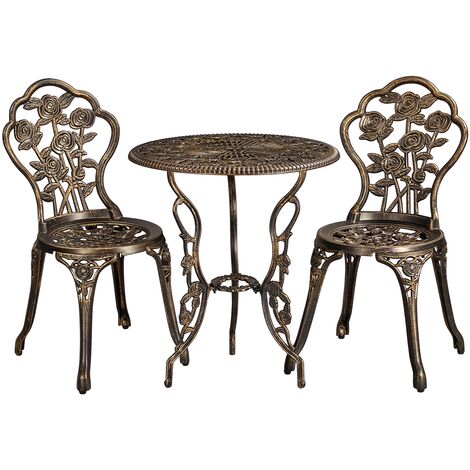 Yaheetech Ensemble de Bistrot 3 Pièces Table de Jardin et 2 Chaises en Métal avec Trou de Parasol Set Bistrot pour Terrasse Véranda Balcon Porche Cour Bronze