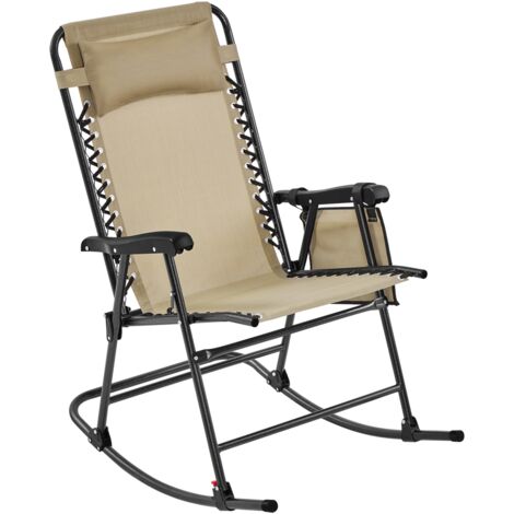 Yaheetech Basics Fauteuil à Bascule Pliant Rocking Chair Pliable de Jardin 102 x 65,5 x 103 cm avec Têtière Réglable Poche de Rangement pour Jardin Patio Terrasse Camping Voyage Beige