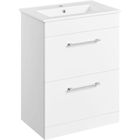 Yaheetech Meuble Salle de Bain avec Lavabo, Vasque Salle de Bain en Céramique, Meuble sous Lavabo, 2 Tiroirs de Rangement,  61 × 40 × 81 cm, Blanc