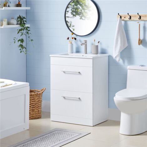 Yaheetech Meuble Salle de Bain avec Lavabo, Vasque Salle de Bain en Céramique, Meuble sous Lavabo, 2 Tiroirs de Rangement,  61 × 40 × 81 cm, Blanc