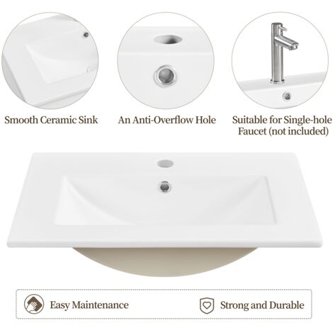 Yaheetech Meuble Salle de Bain avec Lavabo, Vasque Salle de Bain en Céramique, Meuble sous Lavabo, 2 Tiroirs de Rangement,  61 × 40 × 81 cm, Blanc